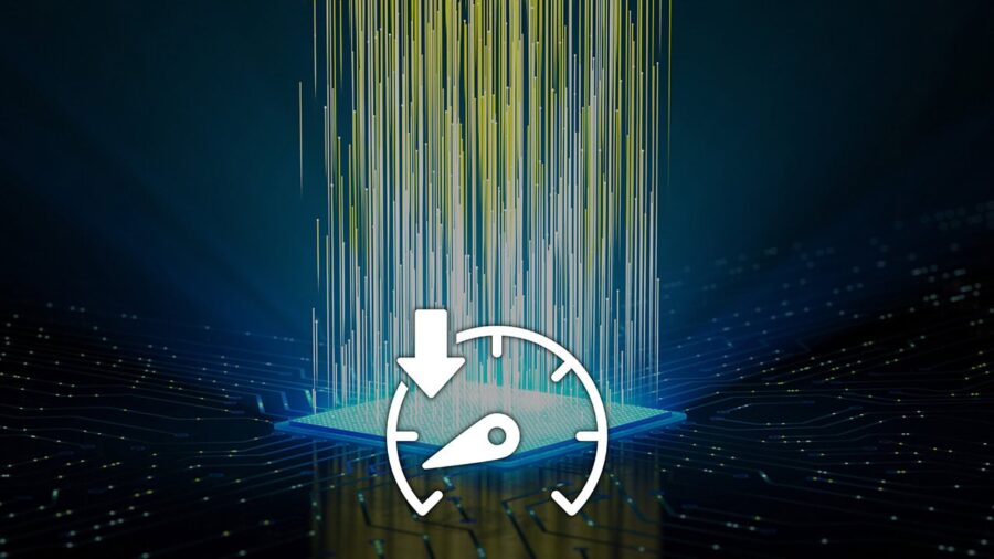 An abstract representation of thermal throttling by using a dial indicating slow speed overlayed upon a CPU.